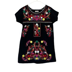 Embroidered Boho Black Folk Floral Mexican Style Tunic Mini Dress Size Small